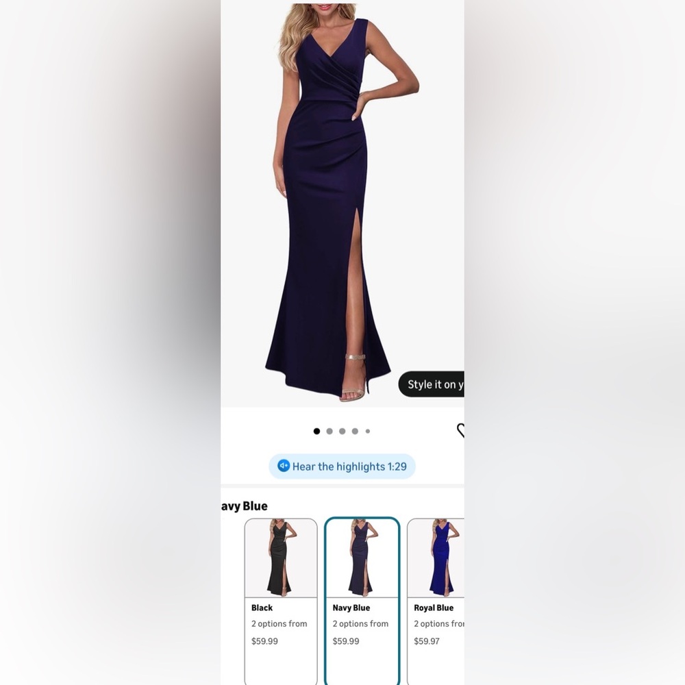 Navy Blue High-Slit V-Neck Evening Gown